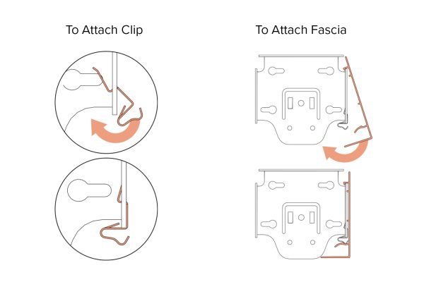 Instructional diagram on how to attach the Fabtex fascia clip into the bracket, and to attach the fascia into the fascia clip & bracket.