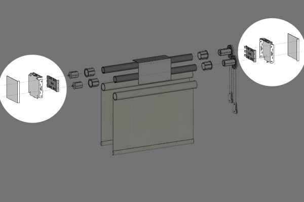 Exploded view of a Fabtex dual roller shade, 5" fascia system, highlighting the location of the 5" fascia bracket kit. The kit includes the bracket cover, bracket base plate, and insert plate.