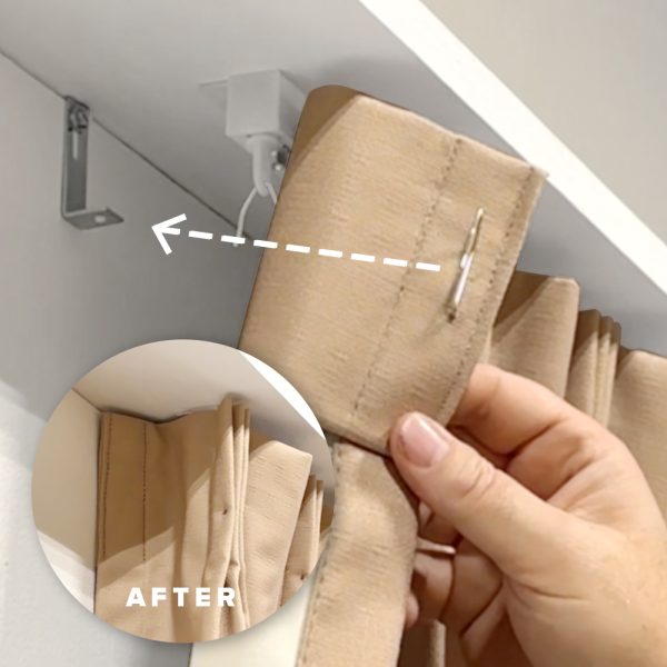 Before and after photos of how a drapery return is fixed to the wall via a Fabtex drapery return bracket.