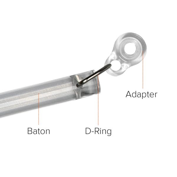 Anatomy of a Fabtex ADA clear baton end, showing the baton, D-ring & adapter