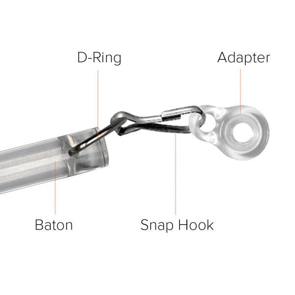 An exploded view of a clear Fabtex drapery baton showing the baton, D-ring, snap hook & adapter.
