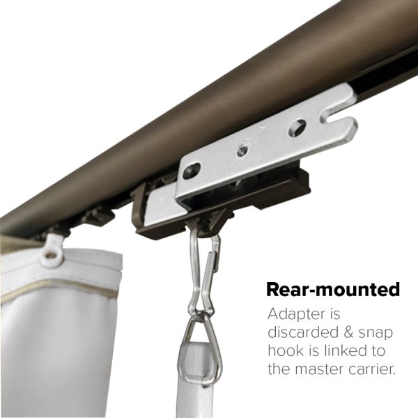 A Fabtex clear drapery baton that is rear mounted into a master carrier. Here, the adapter is discarded and the snap hook is linked directly to the master carrier.