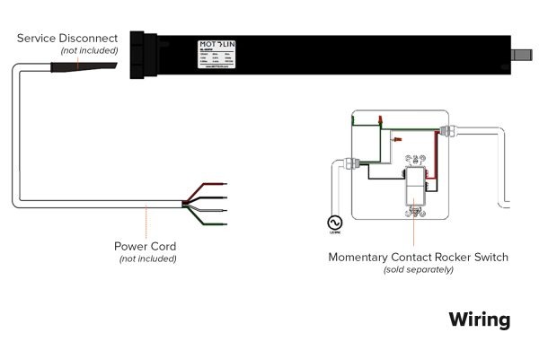Wiring diagram of the Fabtex ML-350PW hardwired motor showing the motor, disconnect & power cord, and momentary contact rocker switch.