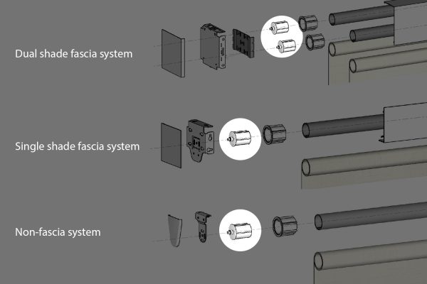 Exploded view of the 3 types of Fabtex roller shade systems (fascia and non-fascia), highlighting the location of the heavy duty pin end or pin plug.