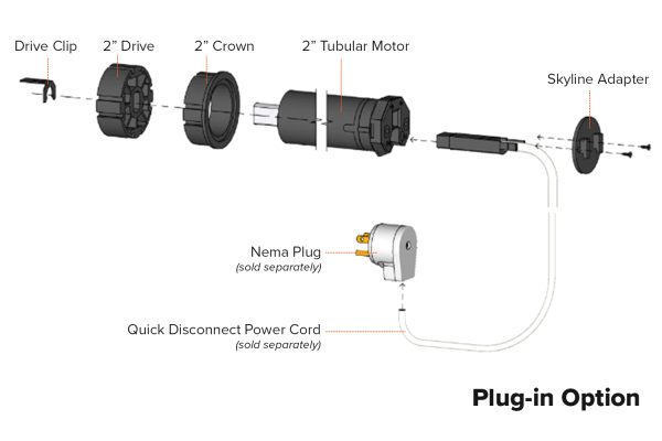 Exploded view of the Fabtex ML-350F plug-in motor showing the drive clip, 2" drive, 2" crown, 2" tubular motor, skyline adapter, quick disconnect power cord, and NEMA plug.