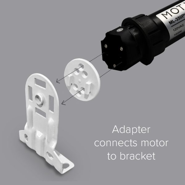 Shows how the Fabtex roller shade motor is connected to the bracket via a skyline adapter