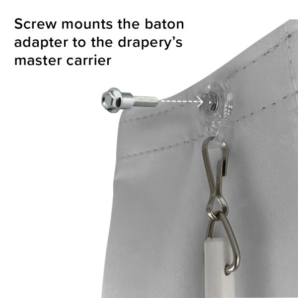 Close up of how a Fabtex hex head, long screw front-mounts a drapery baton through the drapery header, and into the master carrier.
