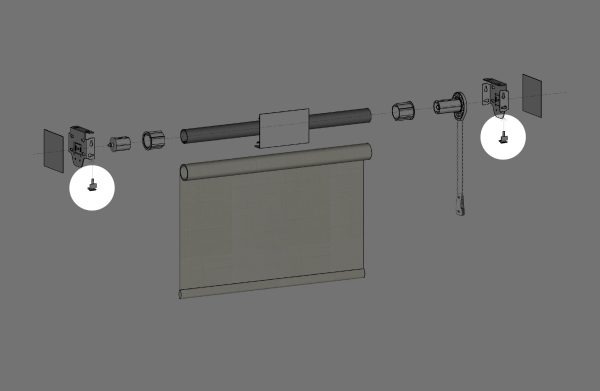 Exploded view of Fabtex Roller Shade components, highlighting the fascia clip for a 4" bracket/square fascia system.