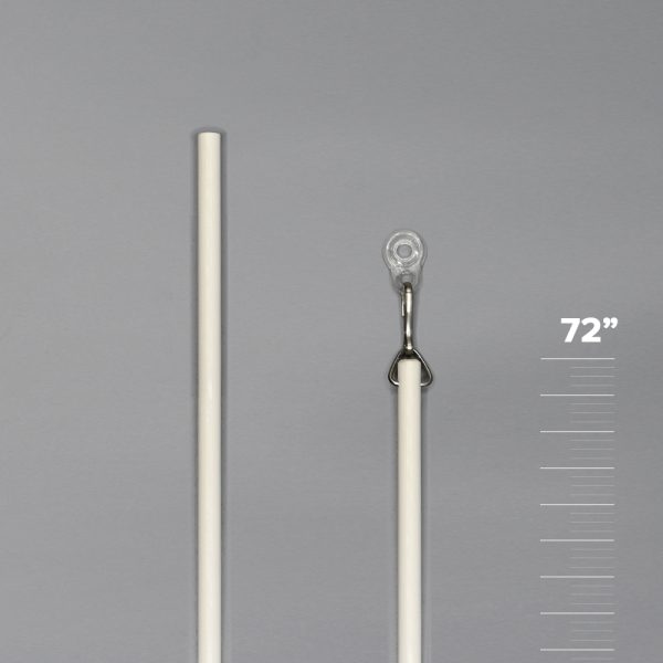 White, 72 inch Fabtex drapery curtain baton. One end shows a D-ring, snap hook and adapter.