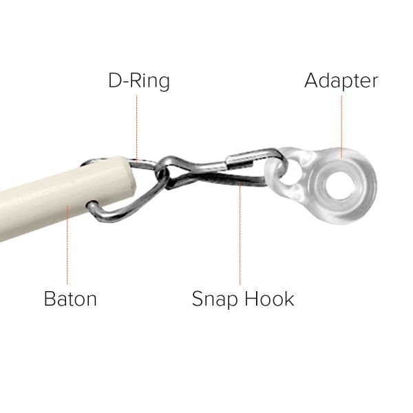 An exploded view of a white Fabtex drapery baton showing the baton, D-ring, snap hook & adapter.