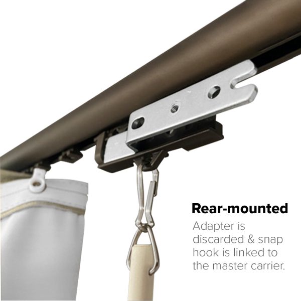 A Fabtex white drapery baton that is rear mounted into a master carrier. Here, the adapter is discarded and the snap hook is linked directly to the master carrier.